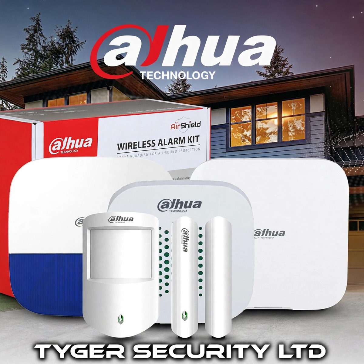 Dahua AirShield wireless alarm kit with hub, sirens, motion detector and door contacts, from Tyger Security Ltd