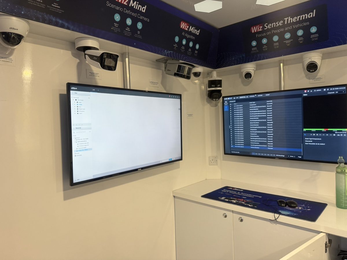 Dahua WizMind and WizSense cameras and monitors on display inside the Dahua demonstration truck